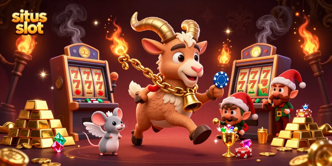 Situs slot showcases a whimsical casino scene with a Krampus goat and mischievous characters stealing chips.