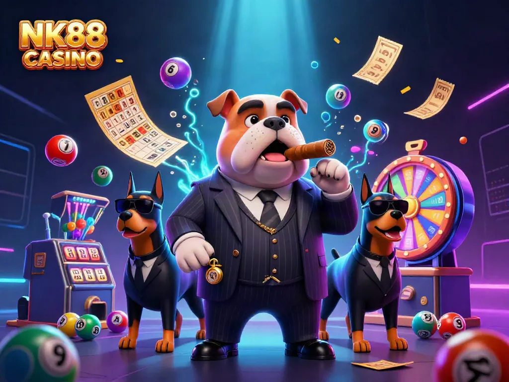 Win big at NK88 CASINO with a lively scene featuring a mafia boss and lottery elements.