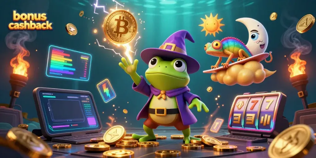 Engage in thrilling gameplay with bonus cashback and vibrant casino elements in a magical scene.