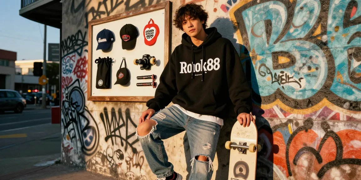 Person showcasing stylish rokok88 merchandise in vibrant urban setting.