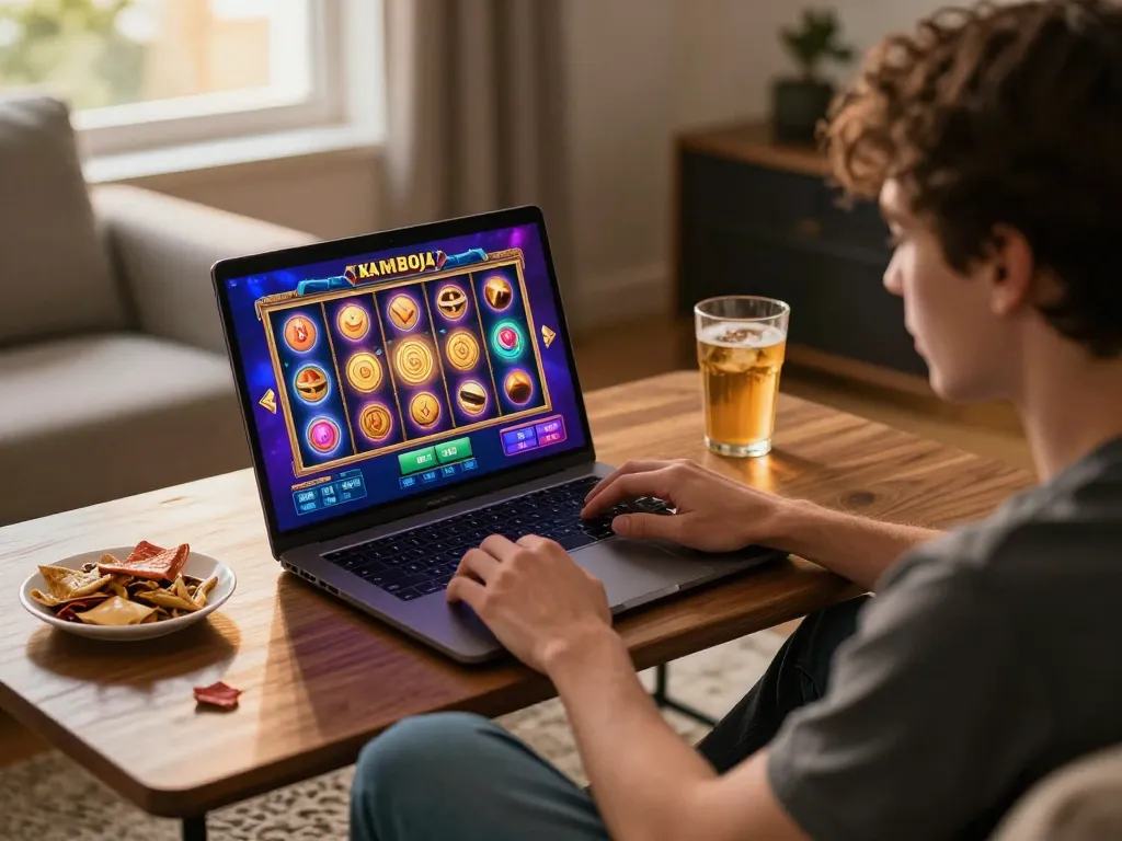 Playing exciting slot server kamboja game on a laptop at home, enhancing online gaming experience.