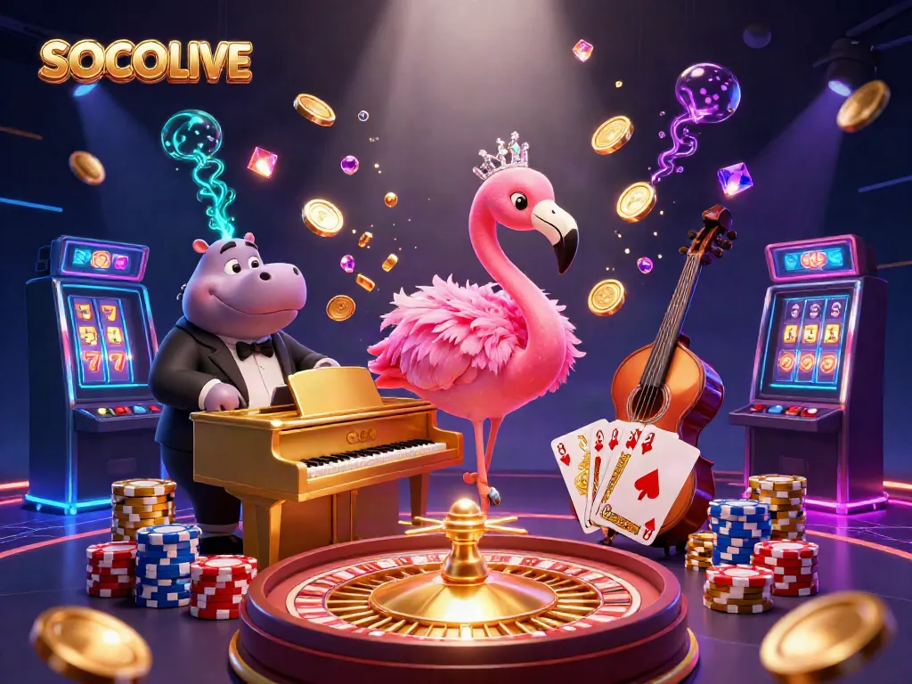 Experience high-energy gameplay with SOCOLIVE’s vibrant casino scene featuring dynamic characters and rich game elements.