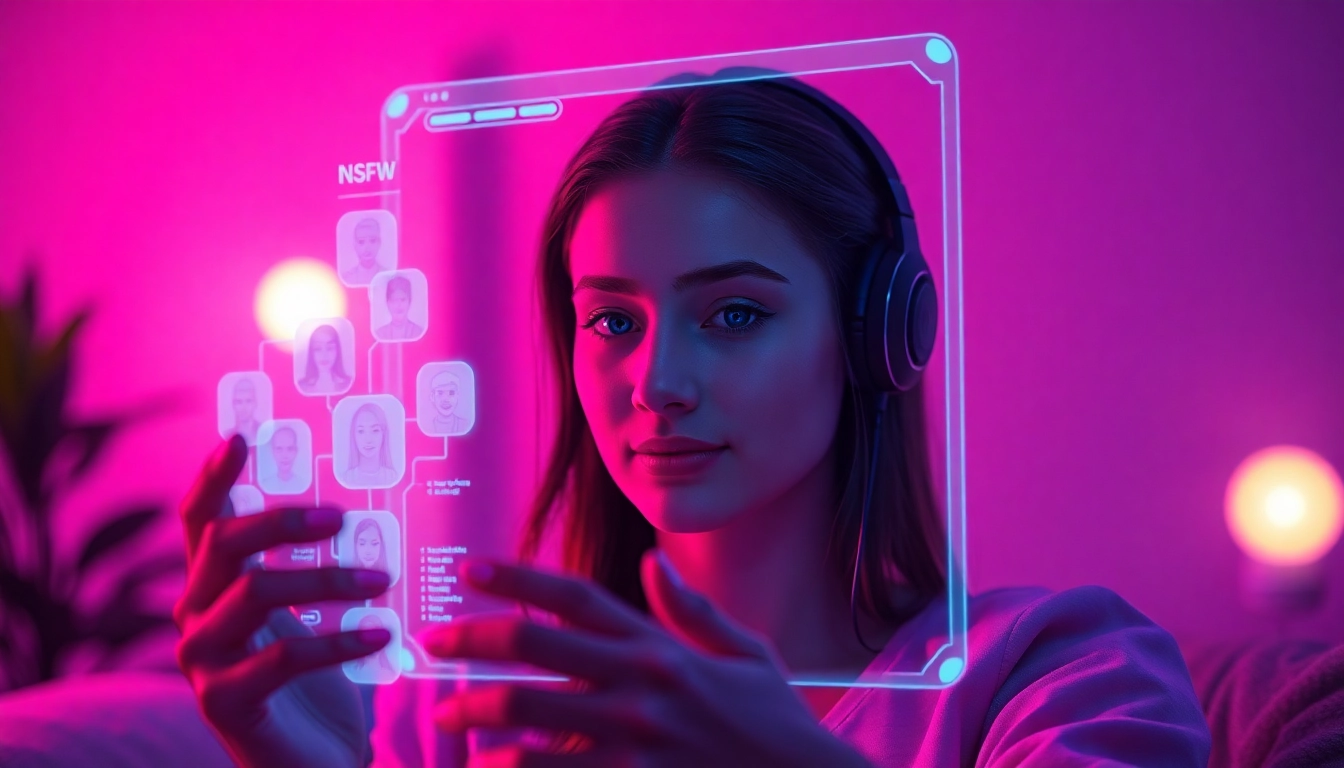 Engaging scene of the best NSFW AI chatbots interacting with users through holographic interfaces.