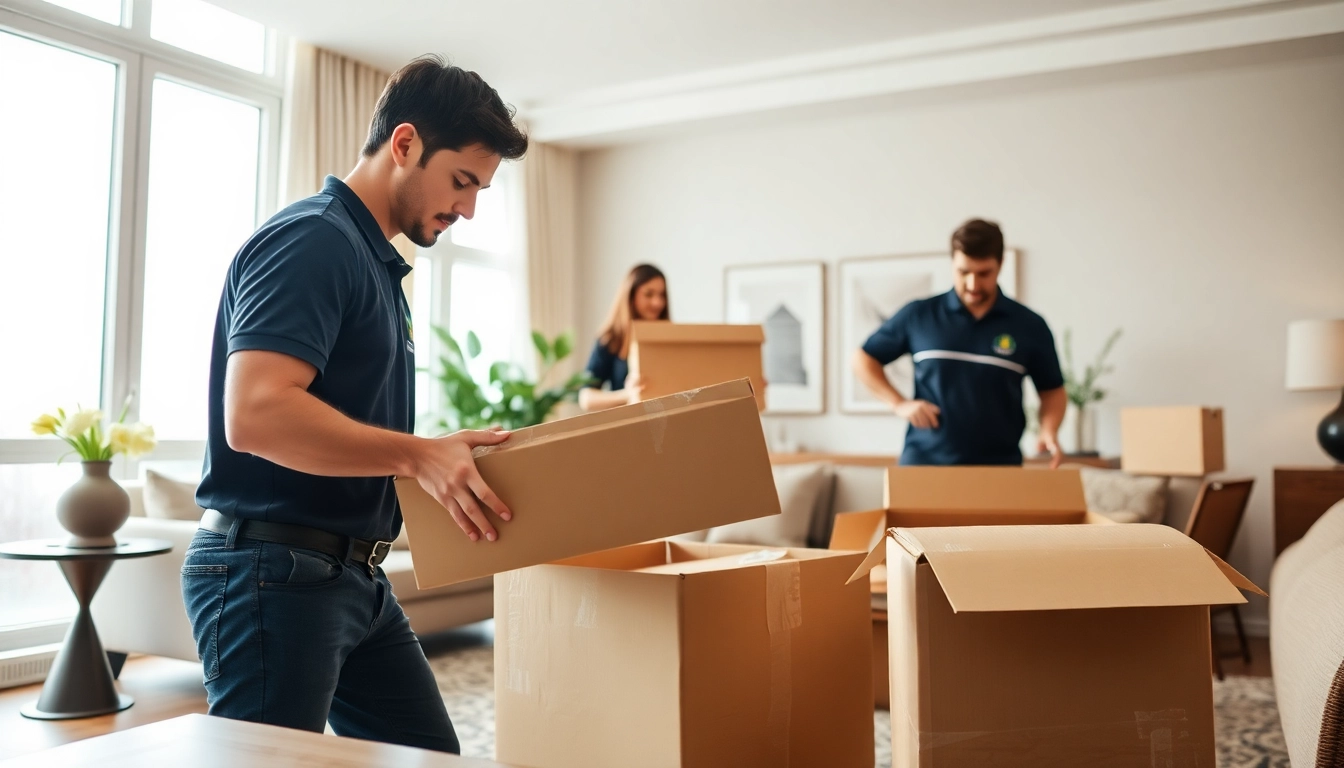 Toronto movers expertly packing items in a modern home, showcasing professionalism and care.