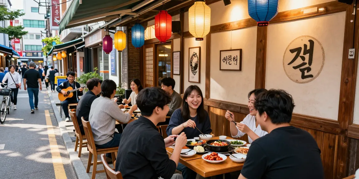 Delicious Korean dishes at 상봉동 한국관 outdoor patio, vibrant atmosphere full of laughter and traditional decor.
