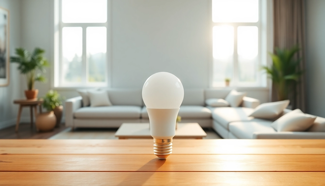 A19 led bulb illuminating a stylish living room, showcasing modern lighting design.