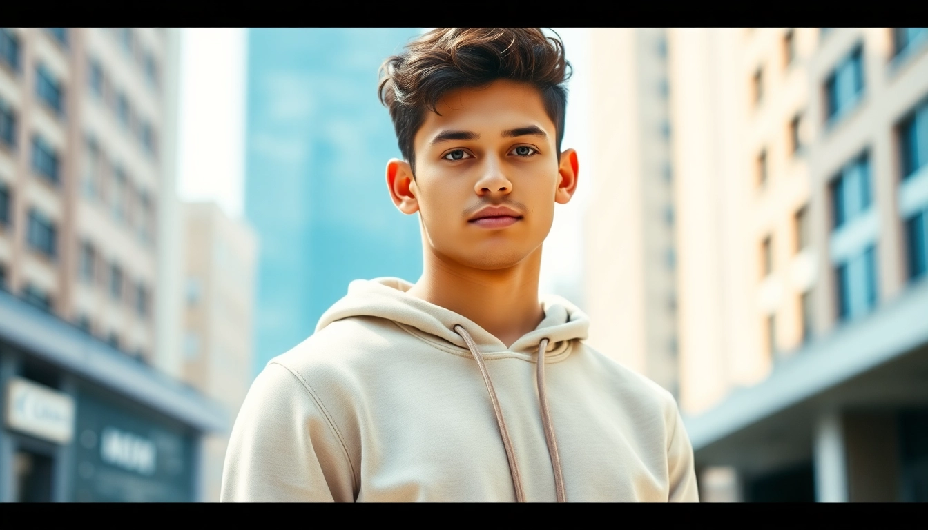 Showcasing stylish plain hoodies worn by model against an urban backdrop, highlighting casual appeal.