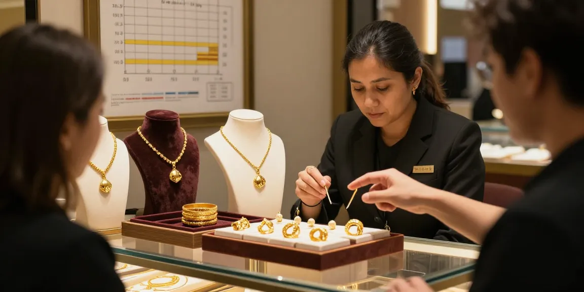 4 tola gold price jewelry display with jeweler educating customer in a warm, inviting shop.