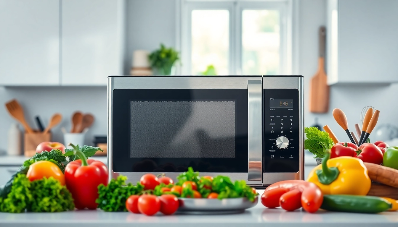 Efficient microwave oven in a vibrant kitchen setup, showcasing its modern design and features.