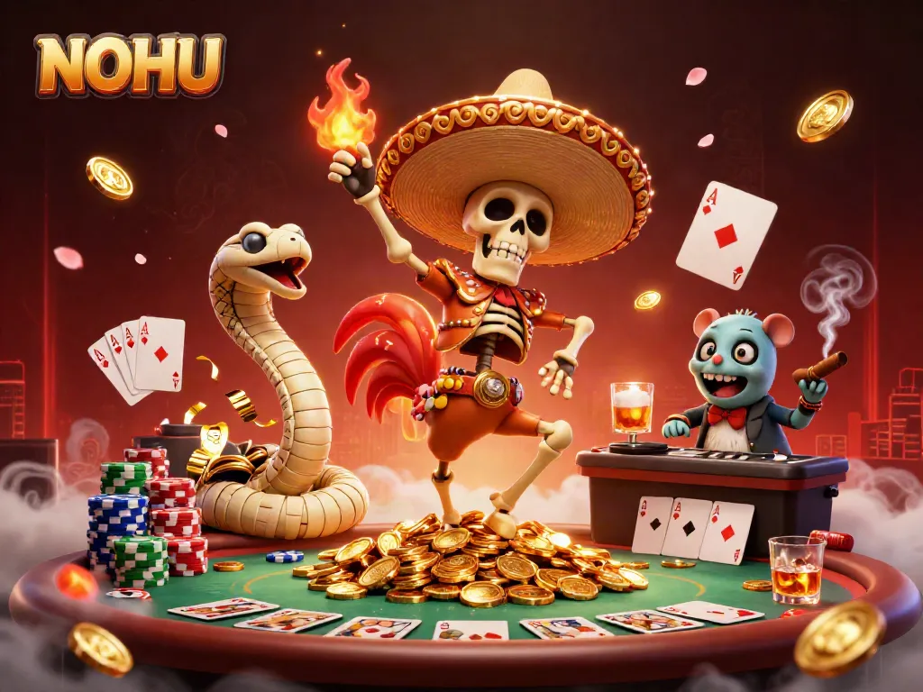 Experience the excitement at NOHU casino with vibrant graphics, showcasing a dynamic victory dance amidst gaming elements and gold coins.