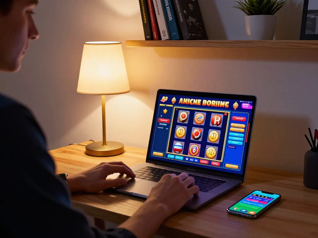 Engaging in online casino gaming on a laptop showcasing hakobhakobyanart slot games in a cozy setup.