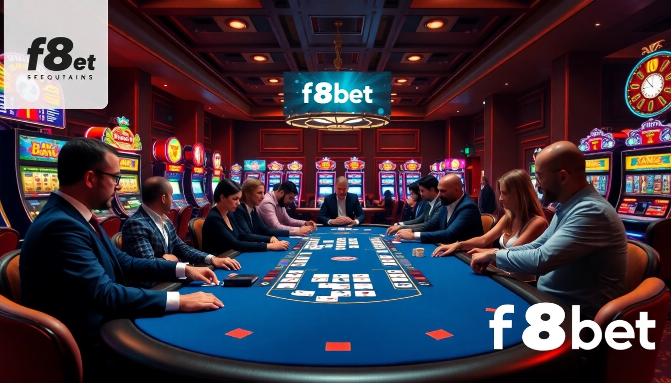 Experience thrilling action at f8bet's luxurious poker table in a vibrant casino setting.