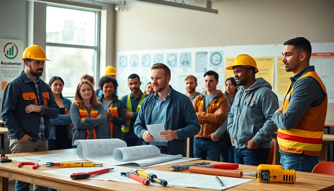 Apprentices engaged in contractor apprenticeship training, learning hands-on skills in a bright classroom.