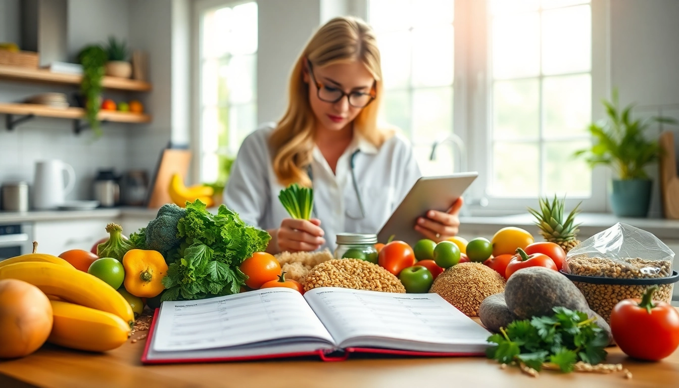 Nutritionist analyzing a meal plan for intermittent fasting in a bright kitchen