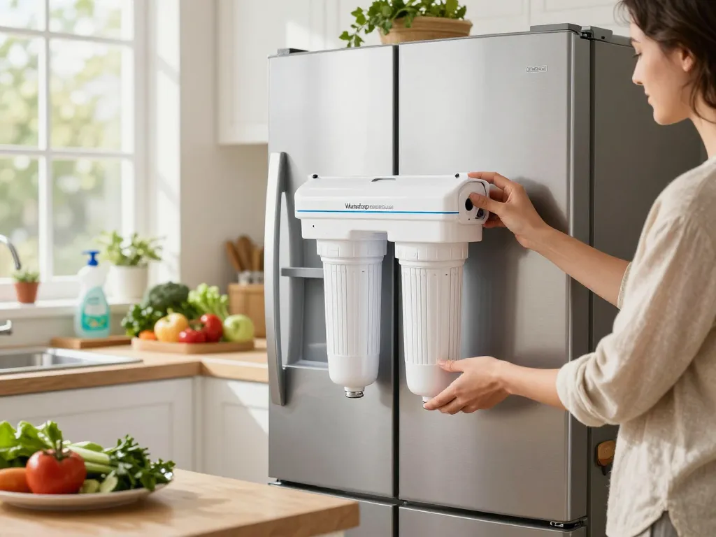Person replacing the Waterdrop Plus 5231JA2002A NSF 401&53 Refrigerator Water Filter in a bright kitchen, emphasizing health and freshness.