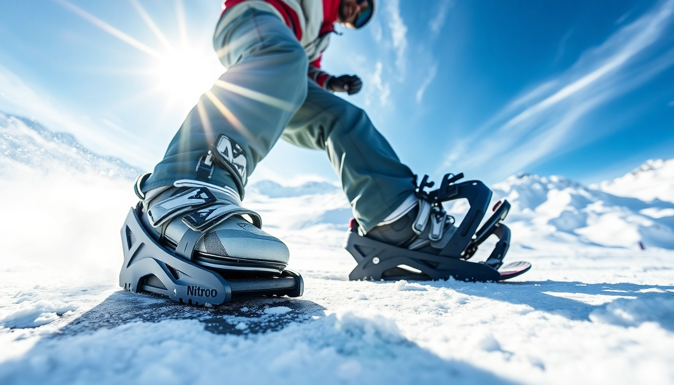 Showcase of Nitro bindings on a snowboard against a bright snowy backdrop.