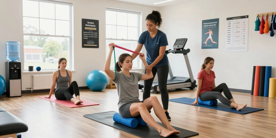 A vibrant PT office near me Burlington with a therapist guiding a patient through exercises, highlighting community health and wellness.