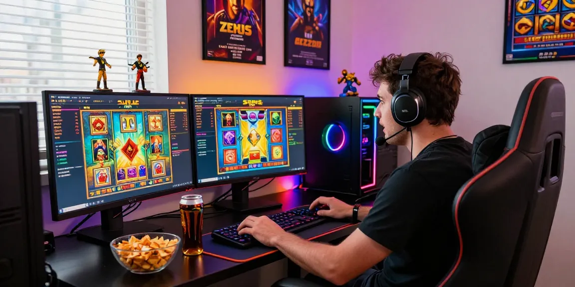 Exciting Zeus Slot gaming scene with player engaged at desktop, showcasing dynamic visuals and immersive atmosphere.