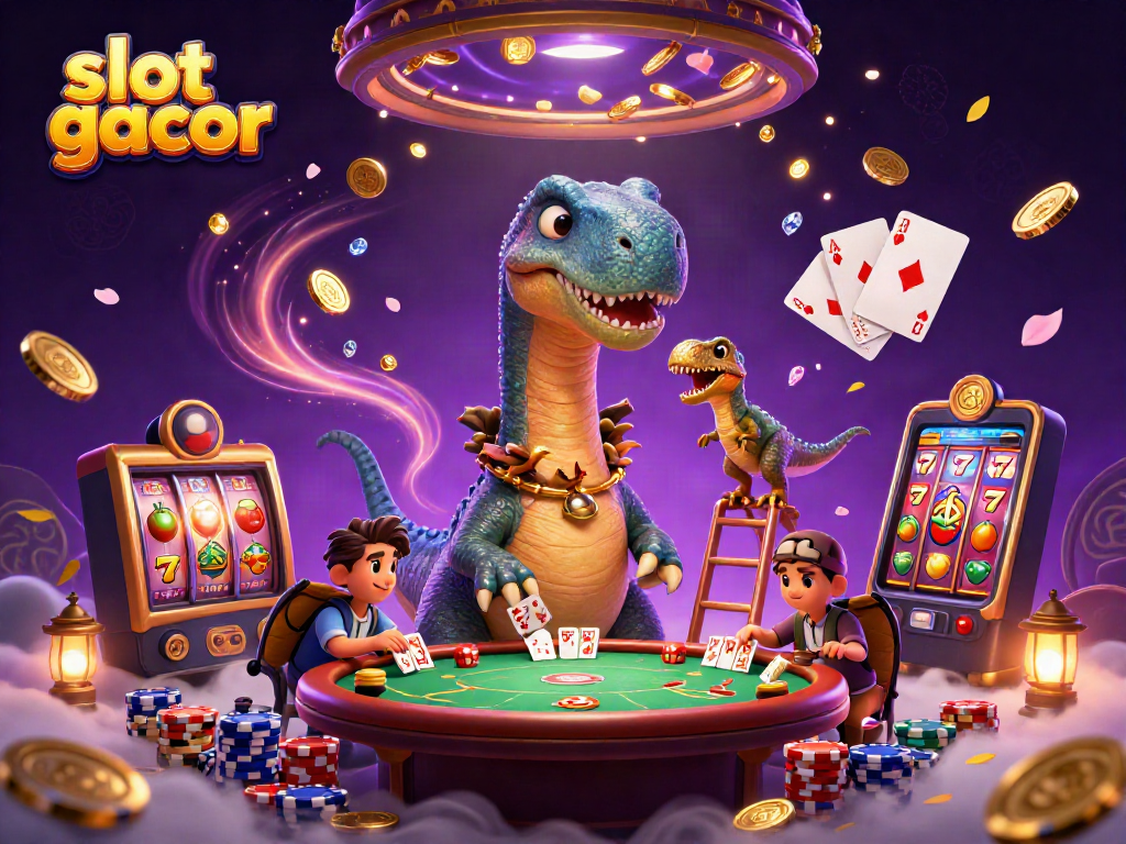 Experience slot gacor excitement with a brontosaurus and clever raptor in a vibrant casino.