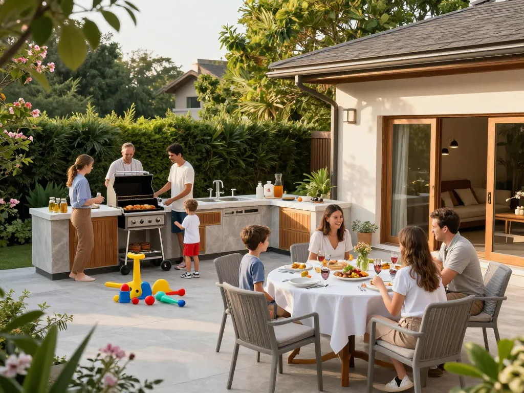 Family enjoying a barbecue using an outdoor living configurator for design inspiration.