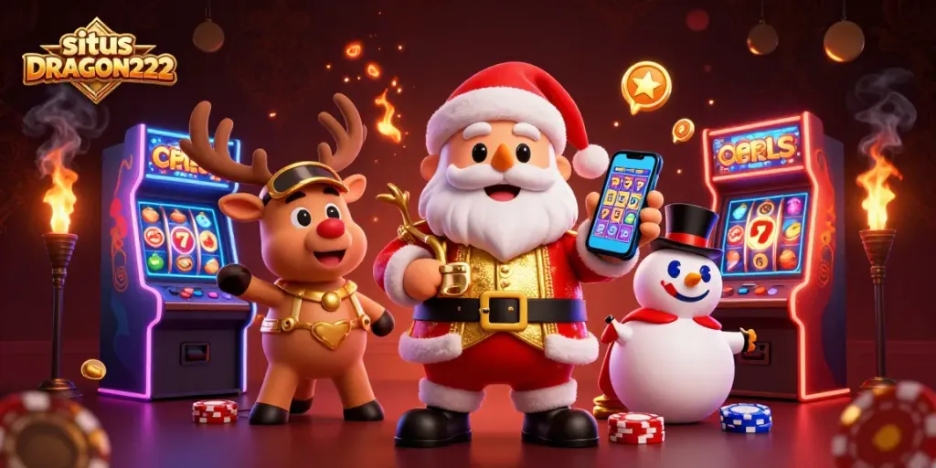 Experience the excitement at situs DRAGON222 as Santa, a reindeer, and a snowman enjoy vivid casino games.