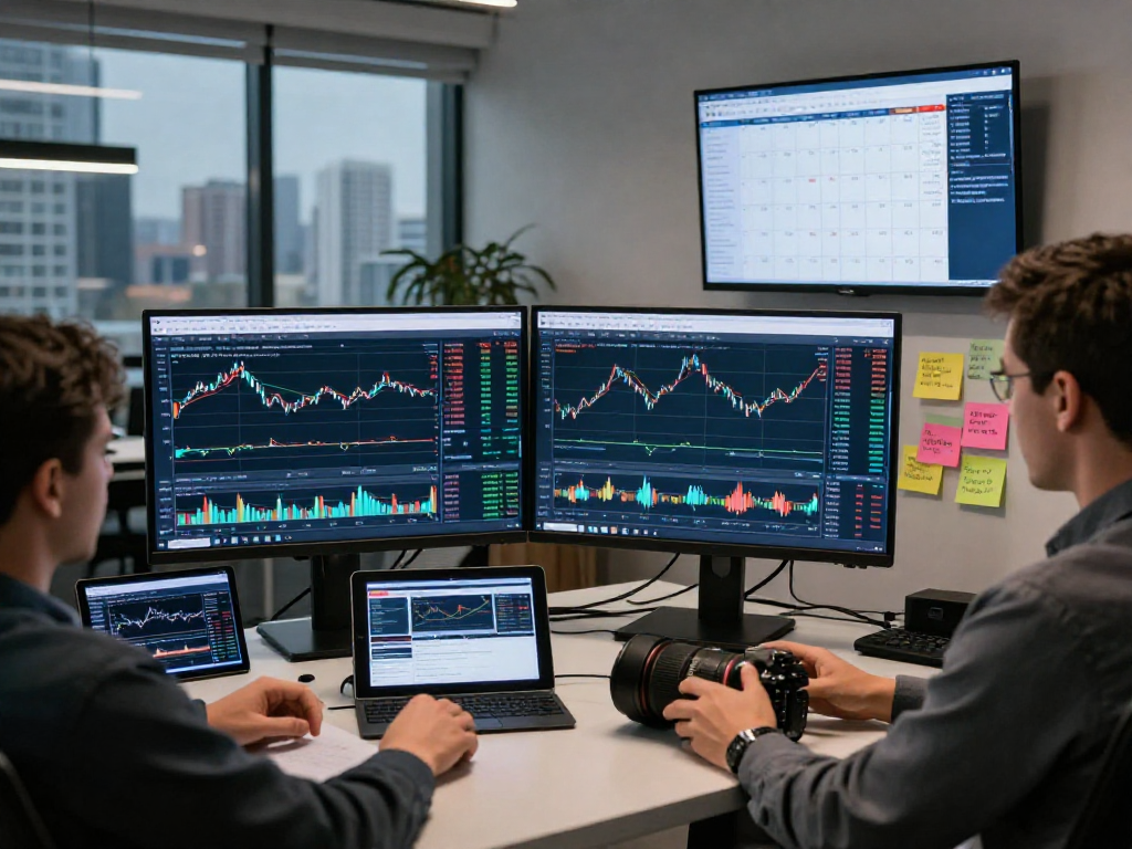 Developer evaluating gold backtesting market data on multiple screens in a modern forex trading environment.