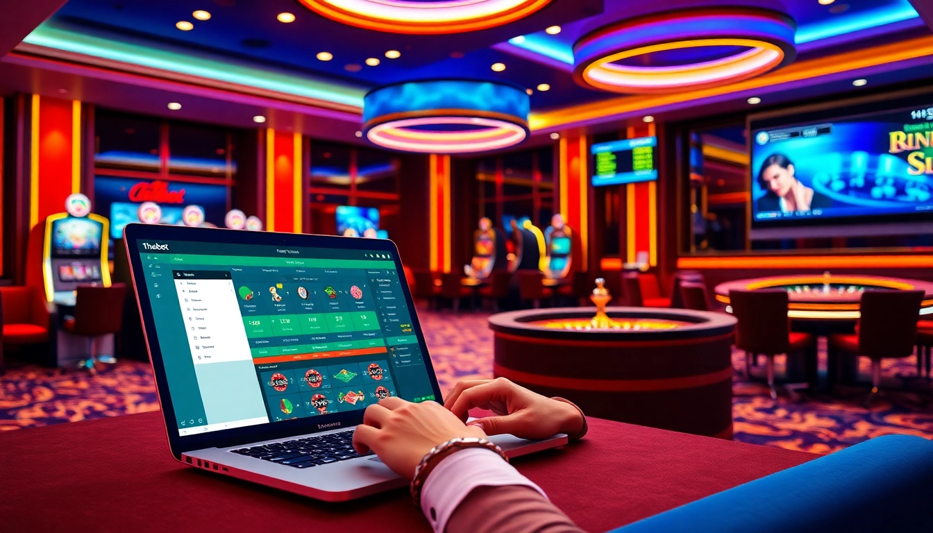 User accessing thabet đăng nhập on a sleek laptop in a high-class casino setting with vibrant decor.