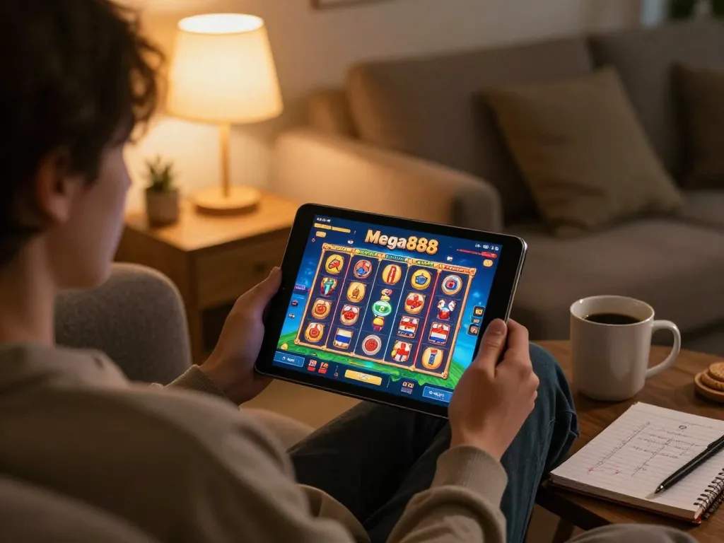 Engaged player exploring free credit mega888 options on a tablet in a cozy home setup