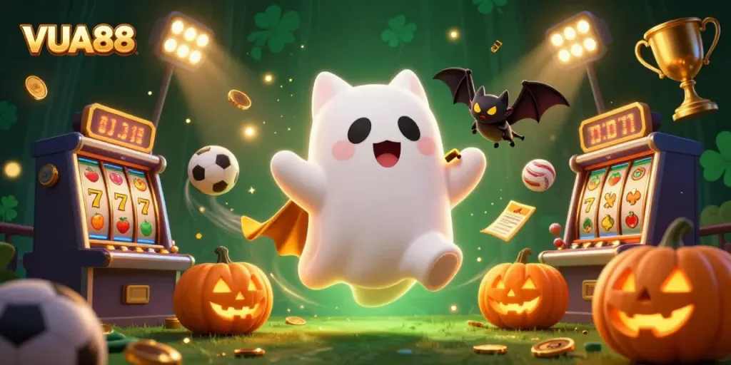 Experience thrilling gaming fantasy with VUA88's vibrant haunted casino scene.
