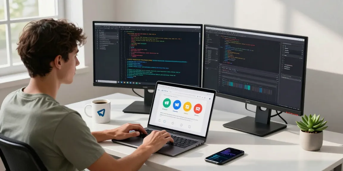Developer using telegram中文版 interface on laptop in a modern workspace