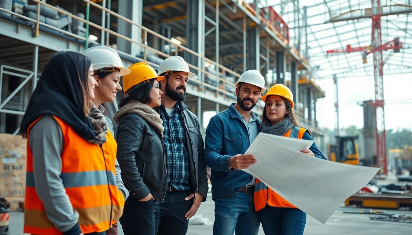 Team of professionals from a construction membership association inspecting plans on a job site.