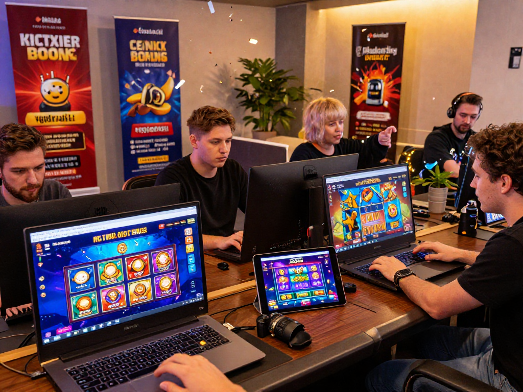 Exciting gaming scene with diverse players at European online casinos for UK, showcasing vibrant game interfaces and celebratory moments.