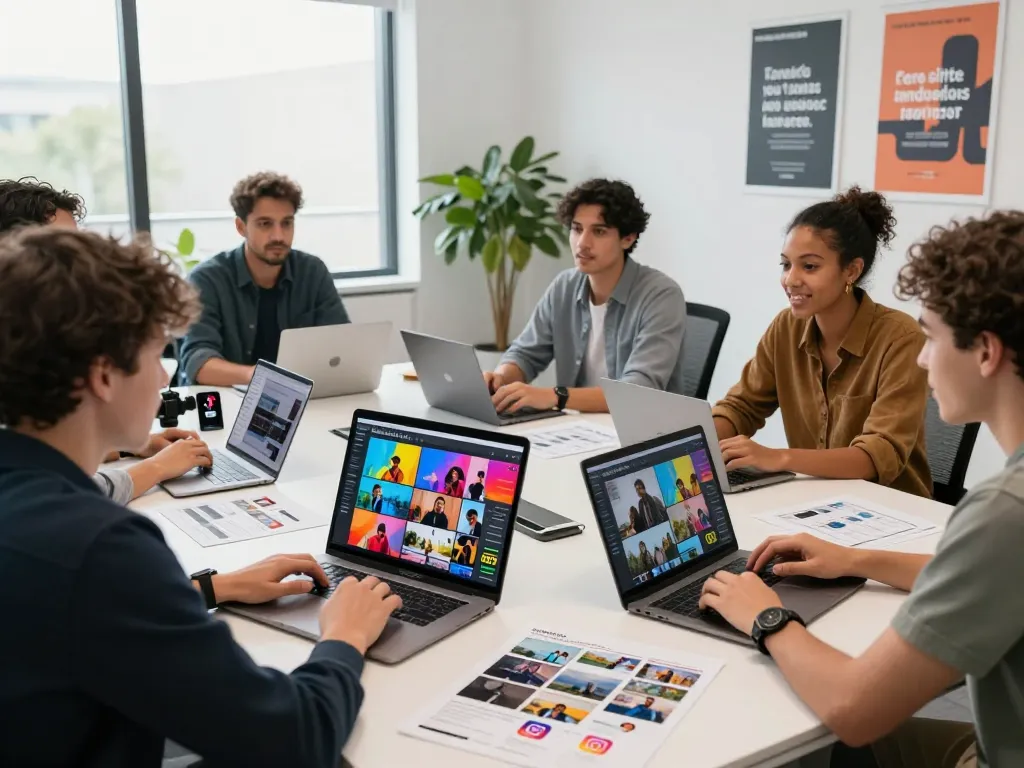 Creative team collaborating with ai seedance 2.0 in a modern workspace, showcasing video project development.