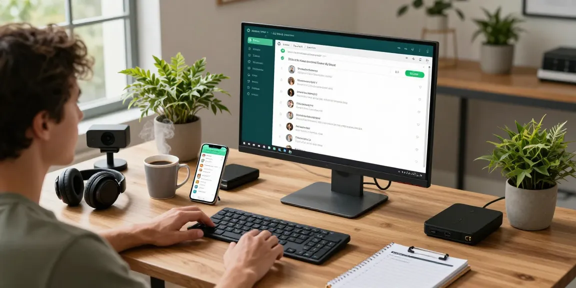 User engaging with WhatsApp電腦版 in a modern home office setting, showcasing productivity and digital communication.