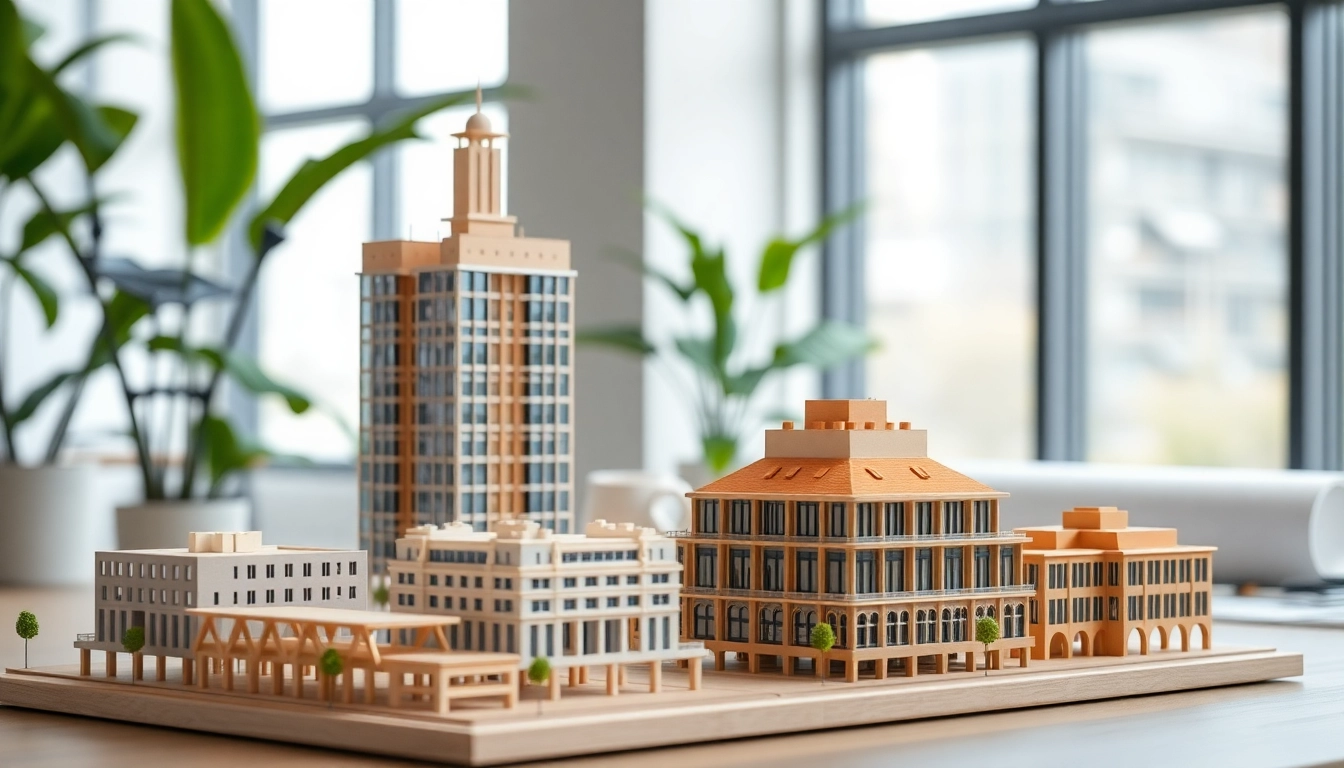 Modell des architekturmodellbau Wiesbaden mit detaillierten Baunachbauten und kreativer Atmosphäre.