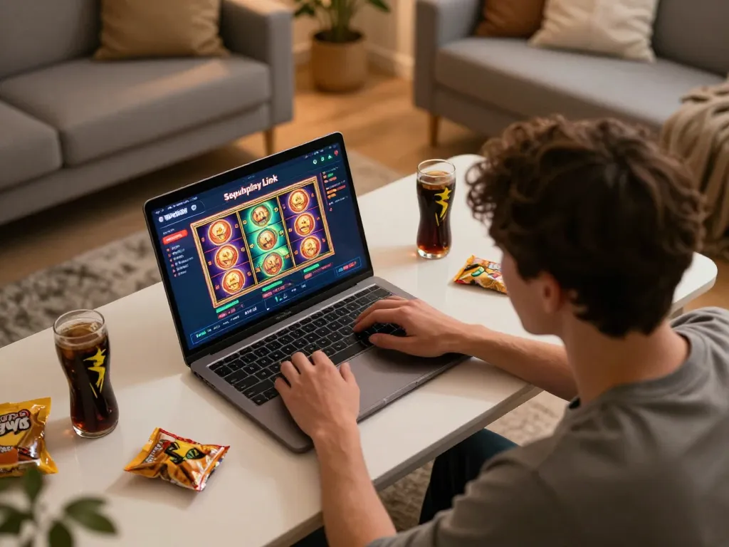 Berinteraksi dengan antarmuka permainan online Sepuhplay dari rumah sambil menikmati makanan ringan dan minuman.