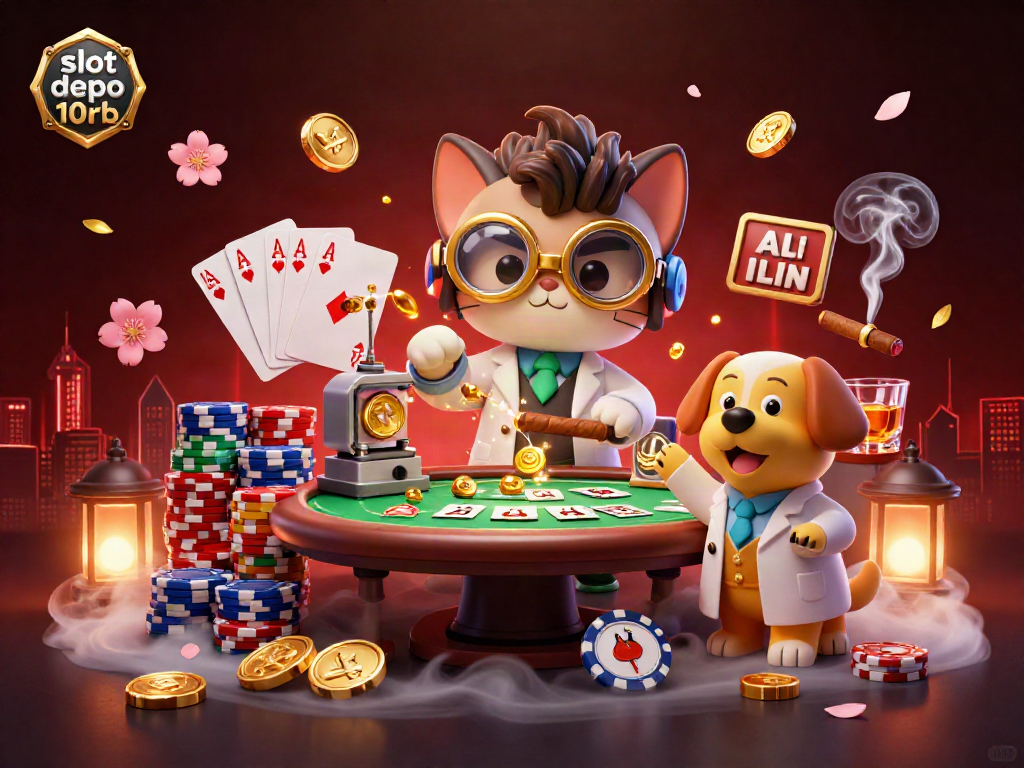 Experience the thrill of slot depo 10rb with a vibrant casino scene featuring a mad scientist cat and poker elements.