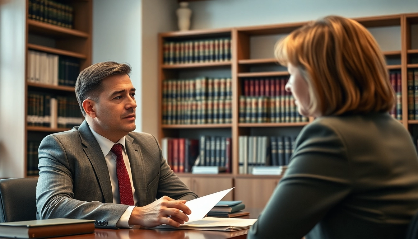 Körperverletzung Strafrecht: Lawyer advising a client on legal rights in a modern office.