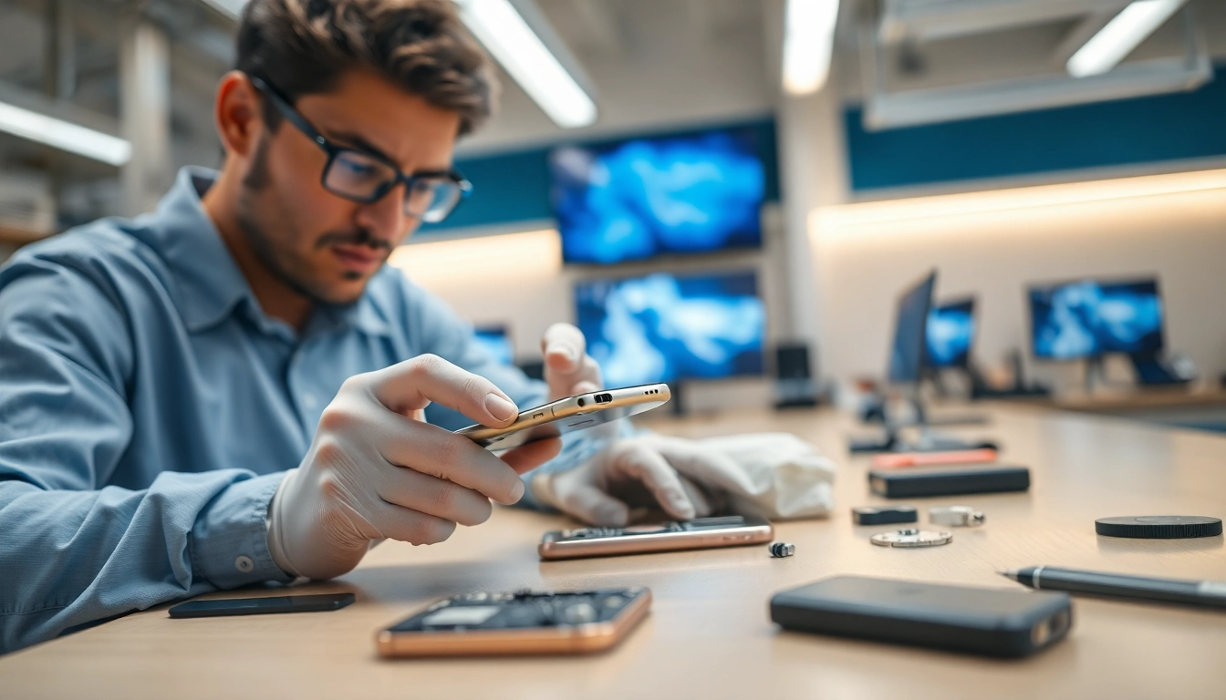 Inspecting broken iPhone cash for repair options at a tech workshop.