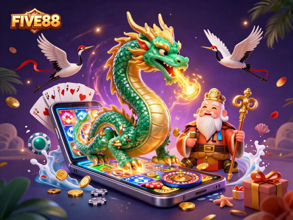 Engage with FIVE88's thrilling gaming experience featuring a majestic dragon and exciting casino elements.