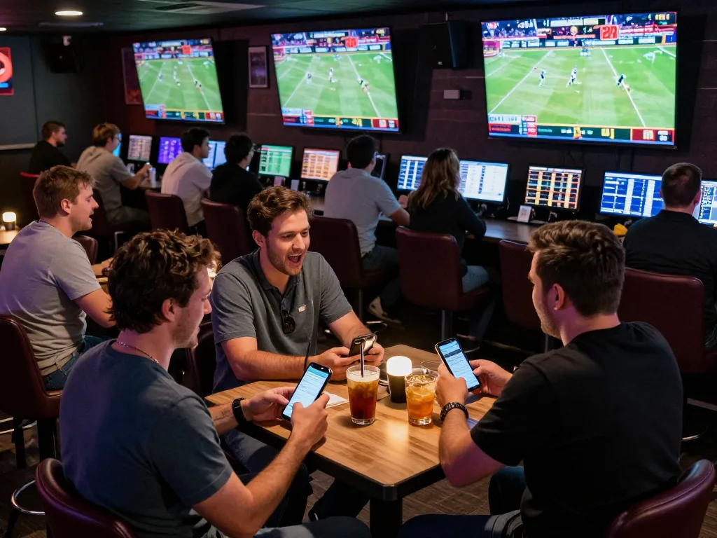 Engaged bettors analyzing odds on their devices at the sports betting lounge at https://nddo.org during live championship events