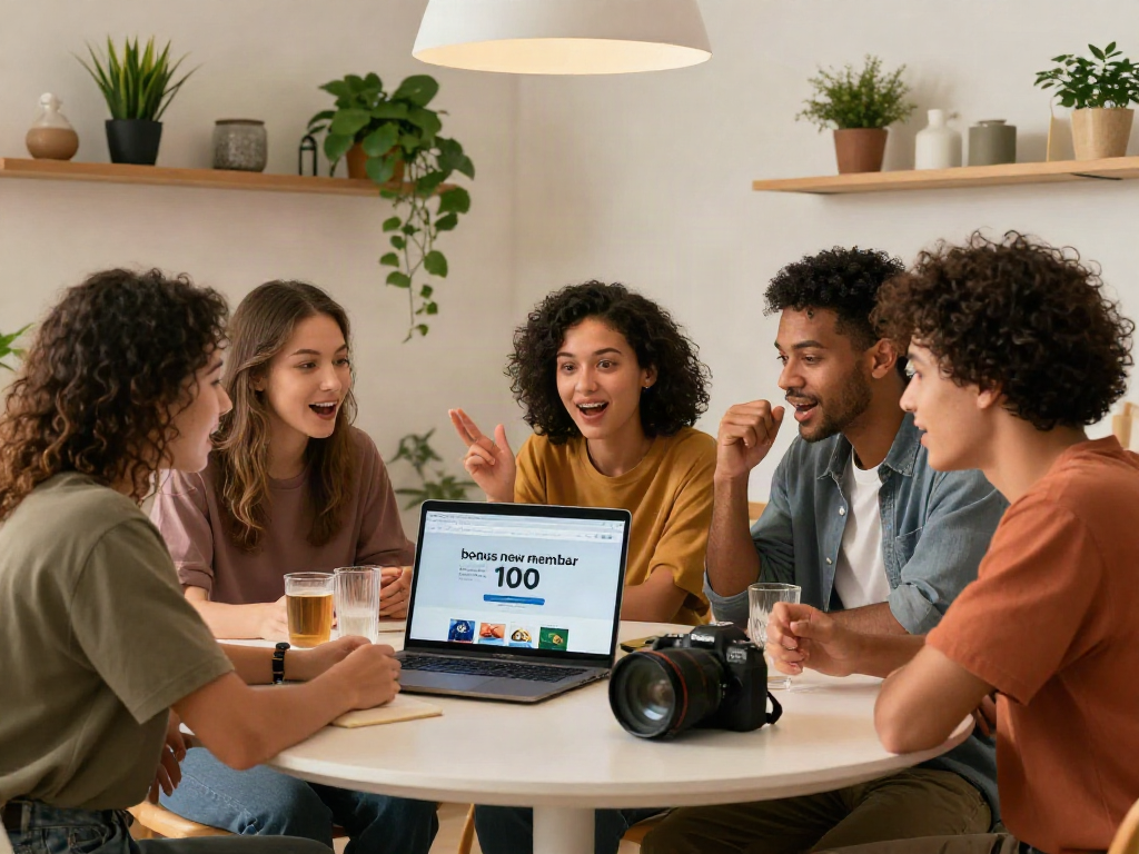 Friends discussing the bonus new member 100 promotion around a dining table.