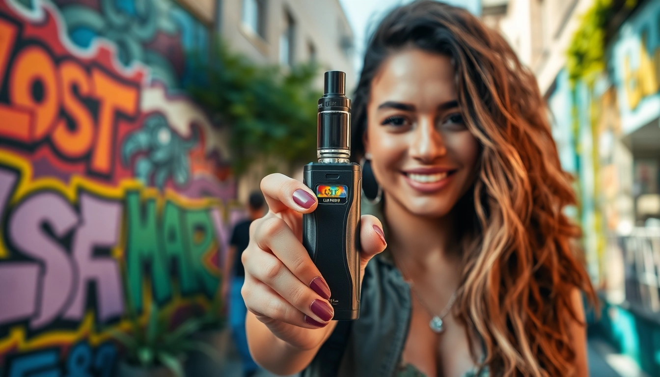 Vapor enthusiast enjoying lost mary vape device in vibrant urban setting