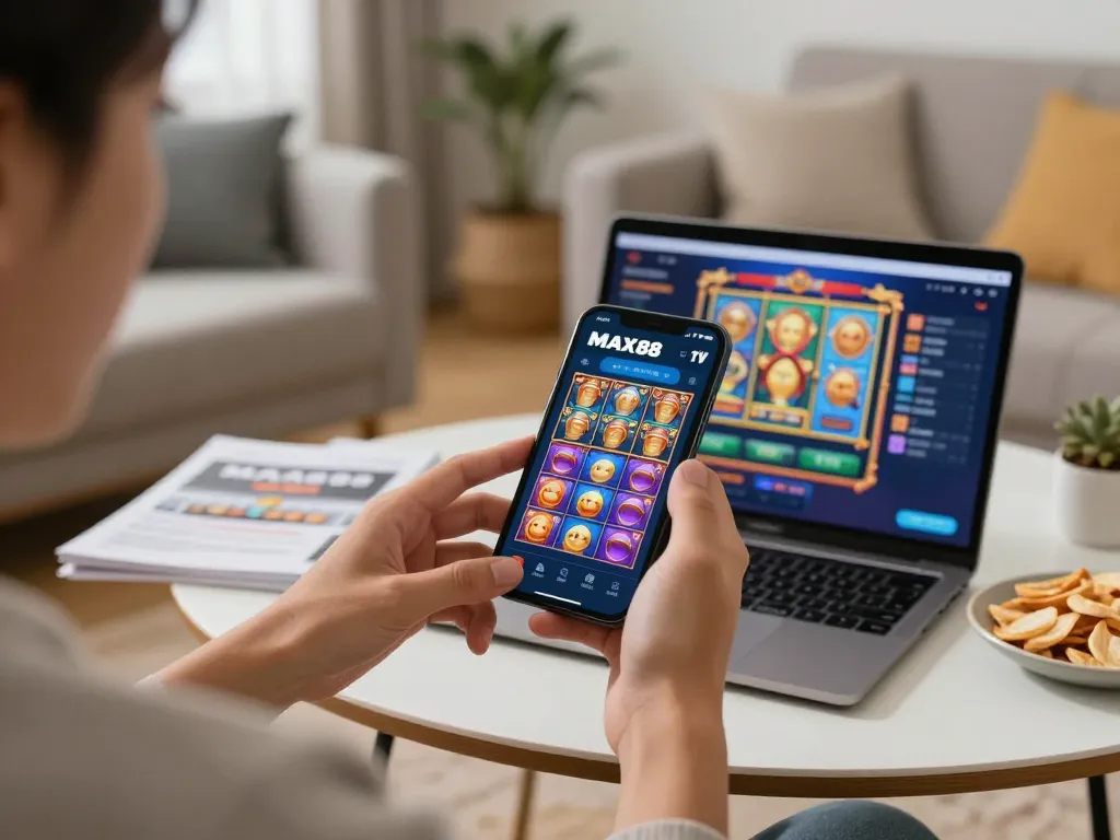 Person using MAX88 TV app for exciting mobile gambling experience in a cozy living room