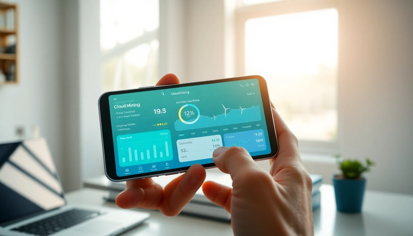 Cloud mining app interface displayed on a modern smartphone in a bright workspace.