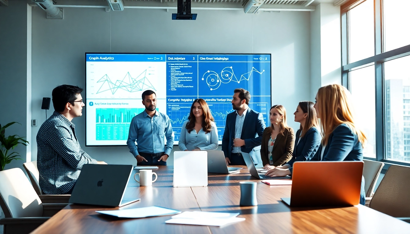 Discussing competitive intelligence strategies with data analytics in a collaborative office.