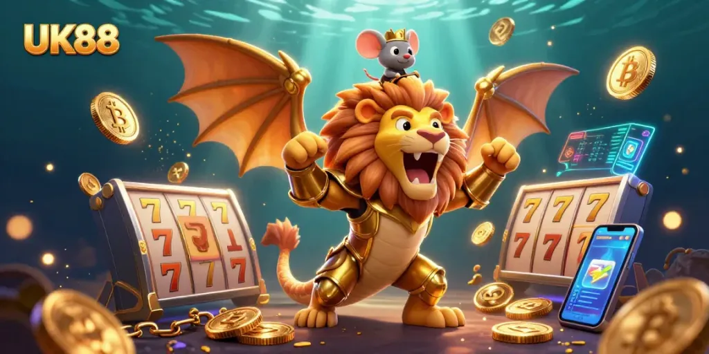 Engage in electrifying gameplay at UK88 with a cartoon chimera and cryptocurrency elements!