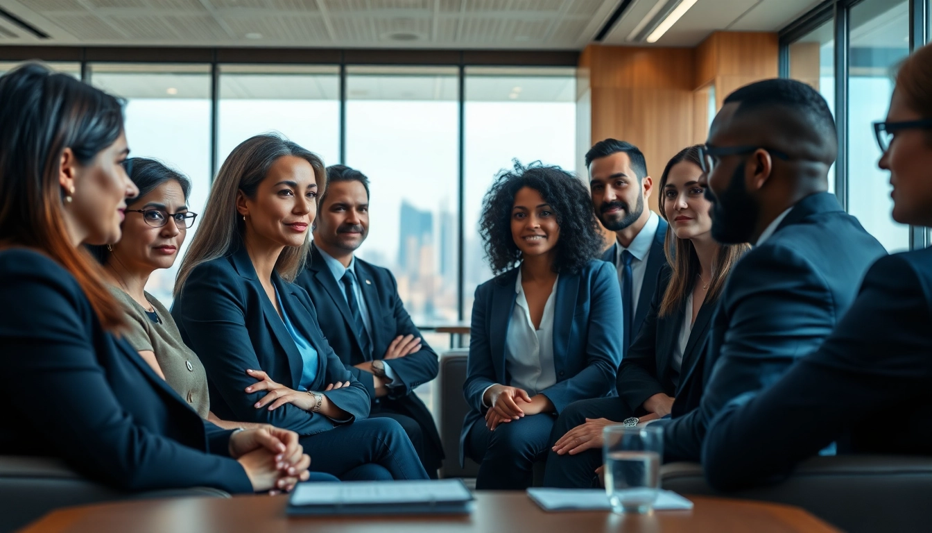 Leaders discussing Corporate Ethics in a modern office, showcasing trust and engagement.