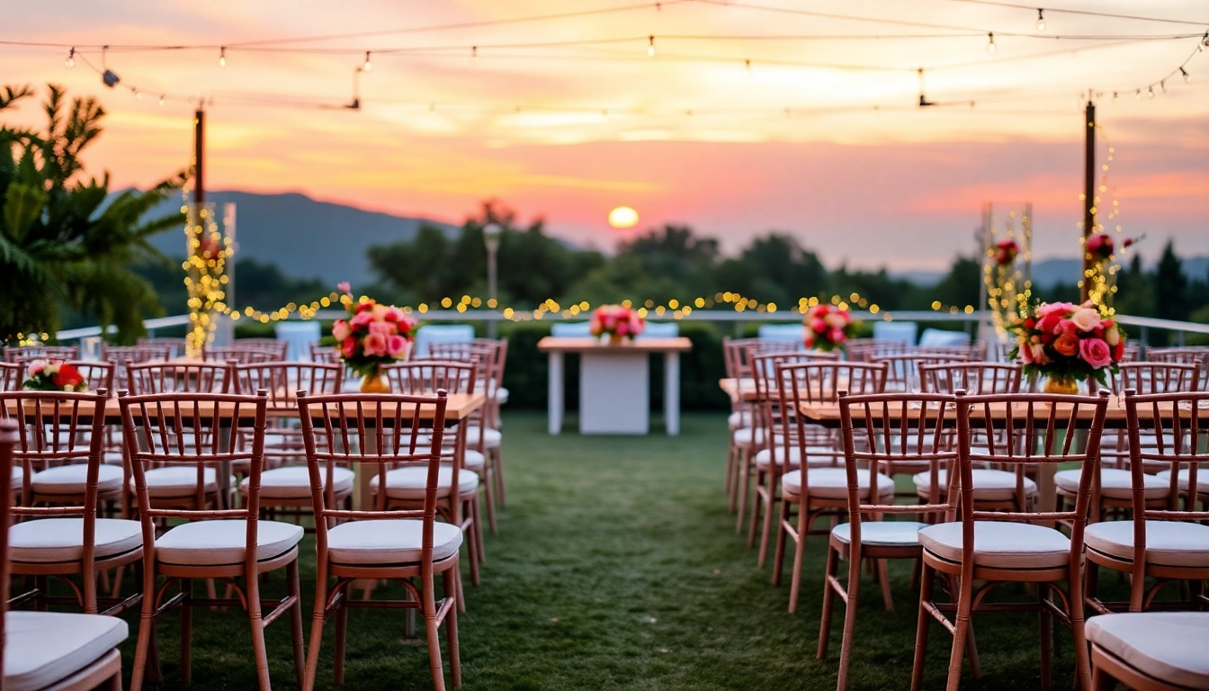 Explore stylish chair rentals set amidst a beautifully decorated outdoor venue.