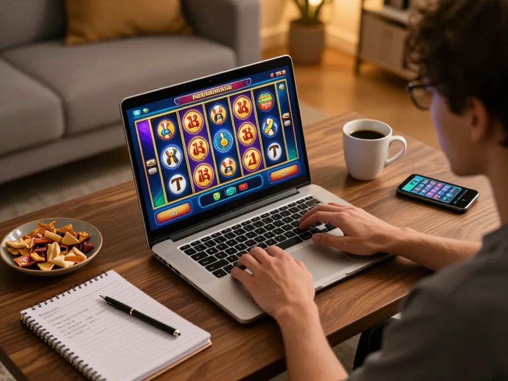 Online gambler enjoying casino senza licenza aams gaming at home, vibrant screen showing slots